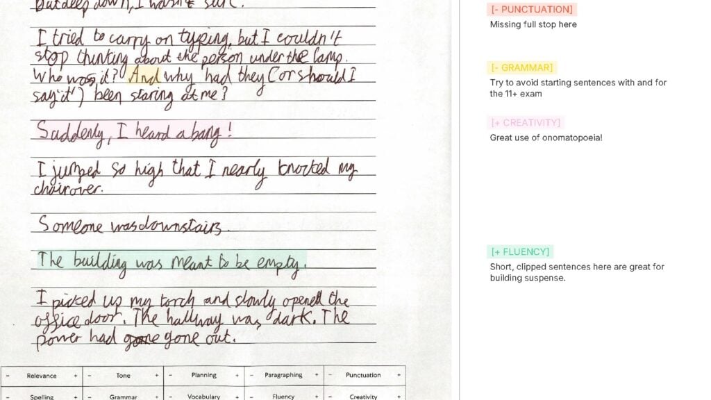A child's handwritten story marked by a Test Teach teacher: highlighted lines with margin comments on punctuation, grammar, creativity and fluency, and the mark grid beneath