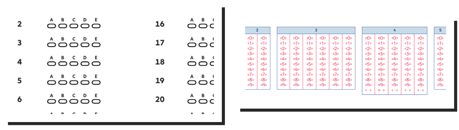 Two answer sheets from our 2025 reconstructions: the Sutton SET sheet with five ovals per question, and the Tiffin Boys maths sheet with columns of digits 0 to 9 to strike through