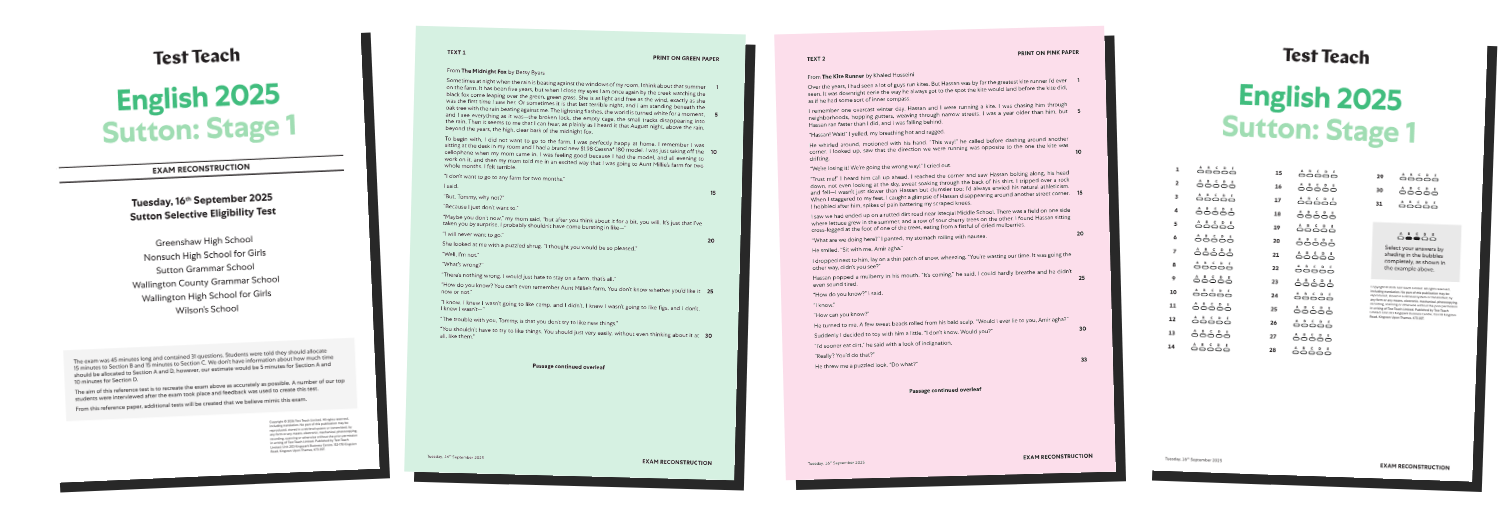 The Sutton SET English paper from our 2025 reconstruction: question booklet, a passage on green paper, a passage on pink paper, and the multiple-choice answer sheet