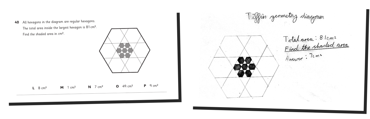 Question 40 of the 2025 Tiffin Boys maths paper, a large regular hexagon divided into smaller hexagons with seven shaded in the middle, next to a student's pencil sketch of the same diagram